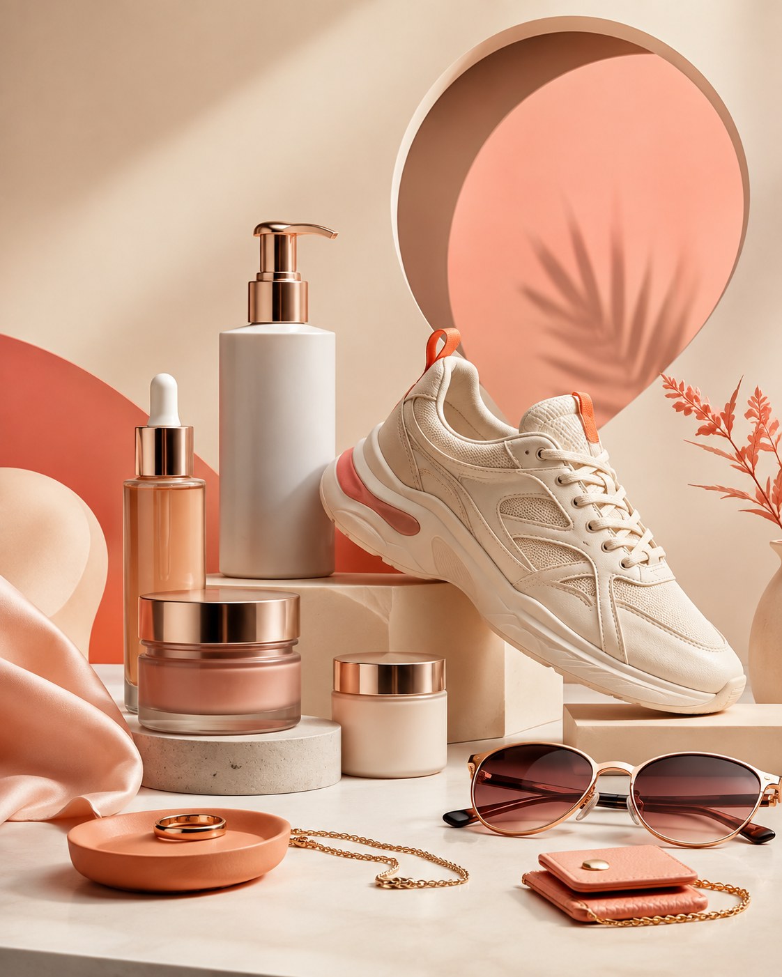 AI-generated product collection featuring beauty, footwear, accessories, and e-commerce-ready campaign styling