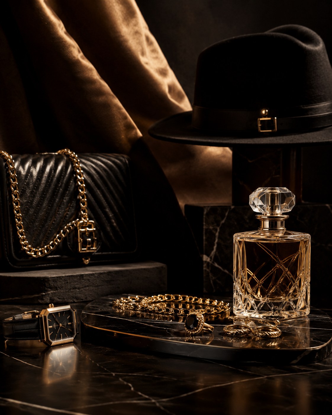 AI-generated black-and-gold luxury accessories composition with controlled high-contrast styling
