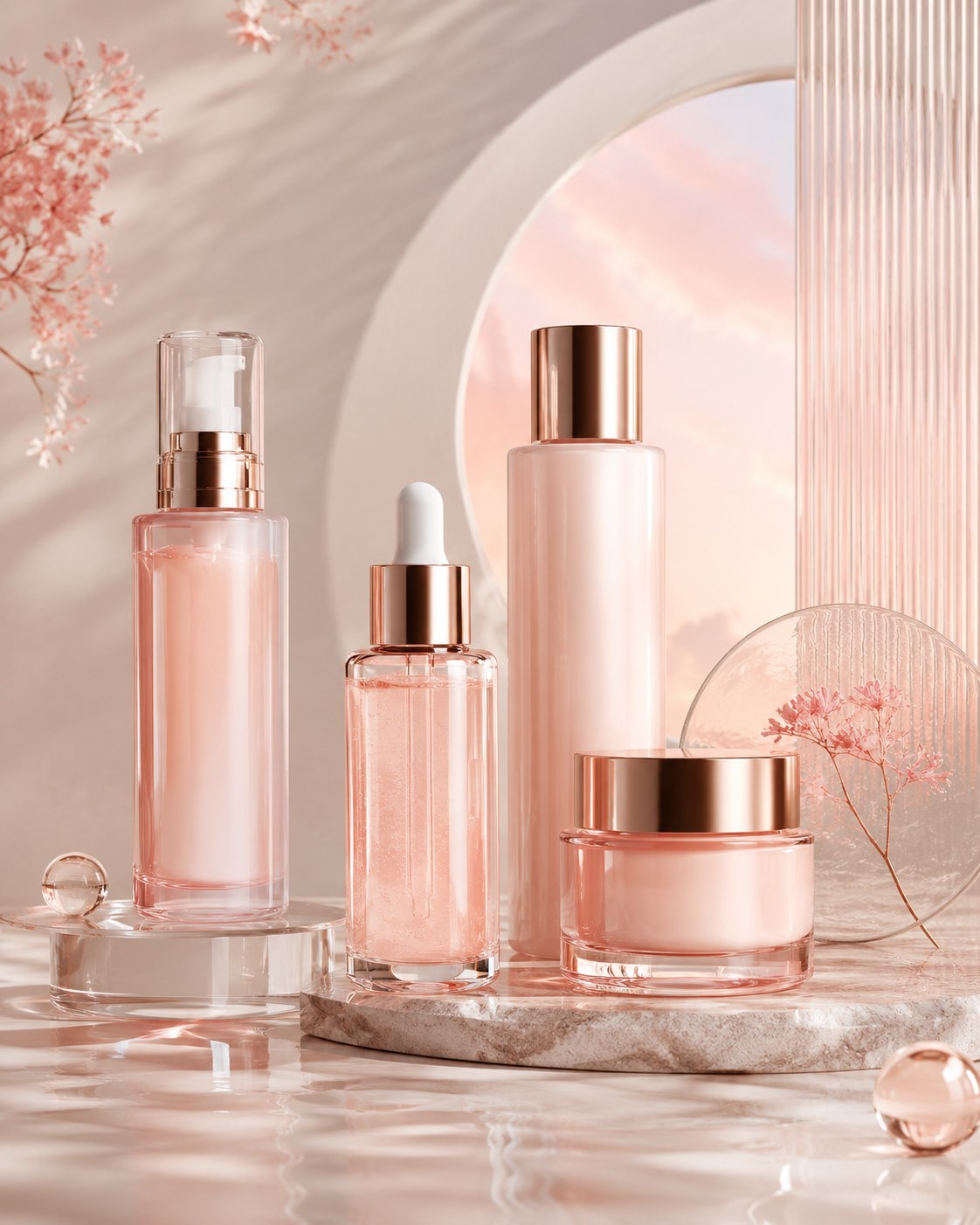 AI-generated beauty product scene with consistent lighting, styling, surfaces, and composition
