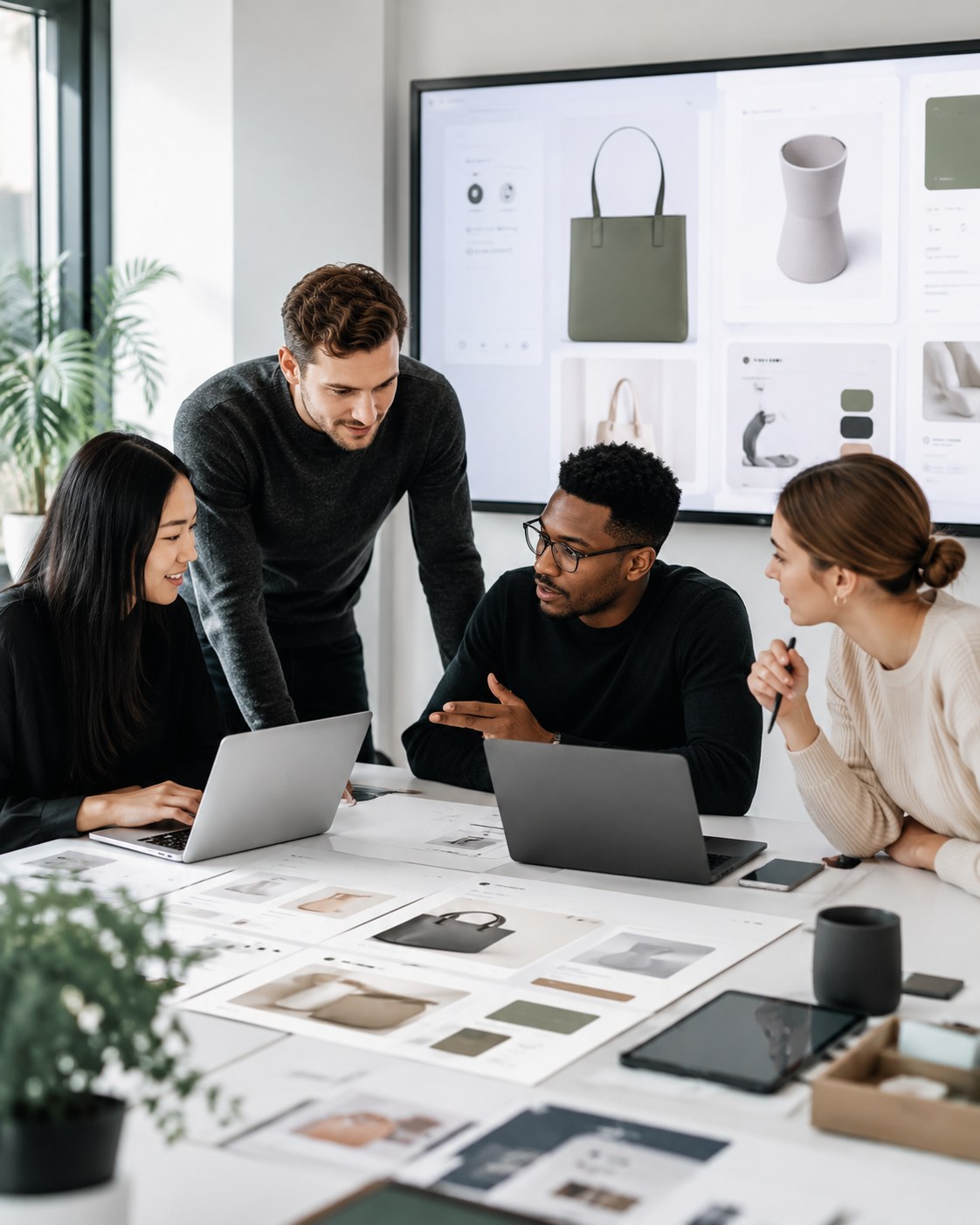 Creative team collaborating on AI-driven e-commerce product concepts and visual direction