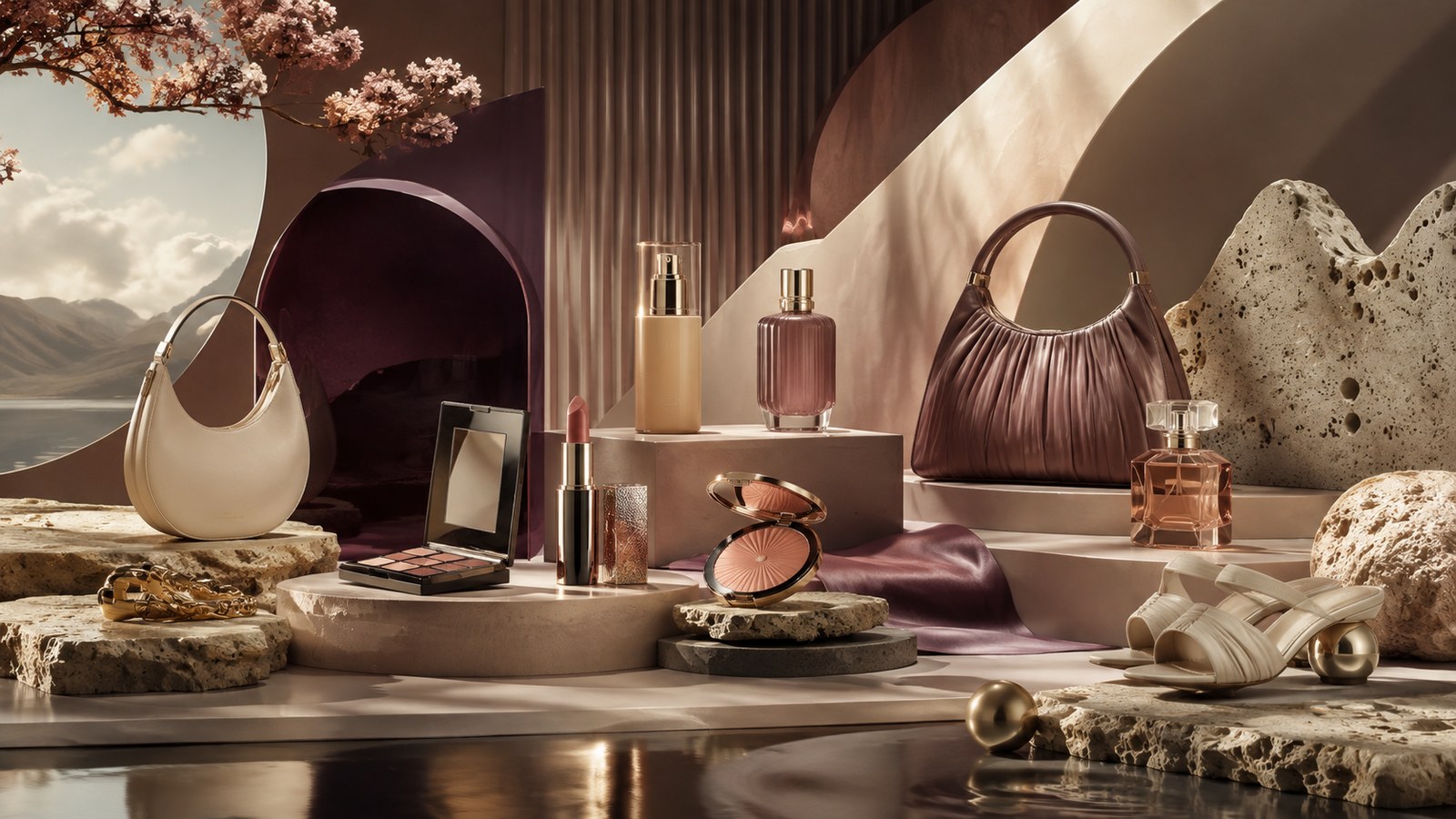 AI-generated editorial campaign scene spanning fashion, beauty, accessories, and lifestyle products