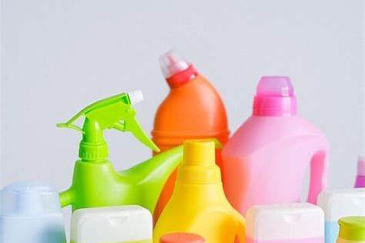 Colorful household cleaning products arranged for everyday consumer e-commerce imagery